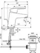 Waschtischarmatur von Ideal Standard mit einem Hebel zur Steuerung des Wasserflusses und einem integrierten Ablassmechanismus. Chrom-Finish, technische Maßangaben im Diagramm.